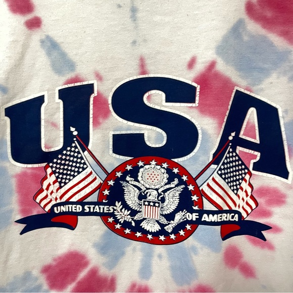 VINTAGE 90s USA AMERICA CREST FLAG BALD EAGLE PATRIOTIC CUSTOM TIE DYE TEE - Picture 3 of 5